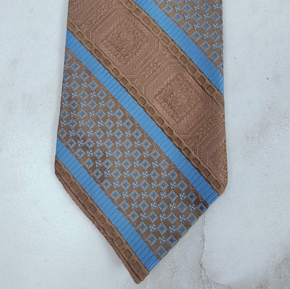 VTG 60s 70s Leslie Made in France Blue Brown Stripes Geometric Print Tie
